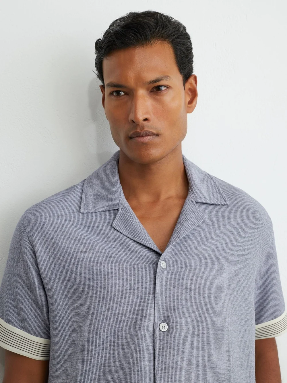 Reiss Airforce Blue Textured Stripe-tape Cuban-collar Shirt