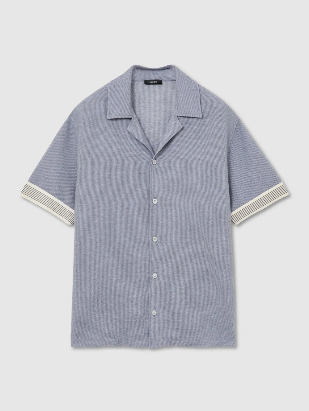 Reiss Airforce Blue Textured Stripe-tape Cuban-collar Shirt, view 2