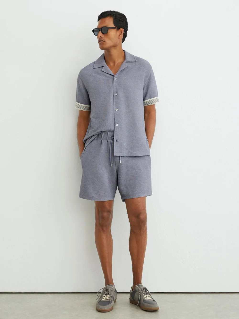 Reiss Airforce Blue Textured Stripe-tape Cuban-collar Shirt, view 3