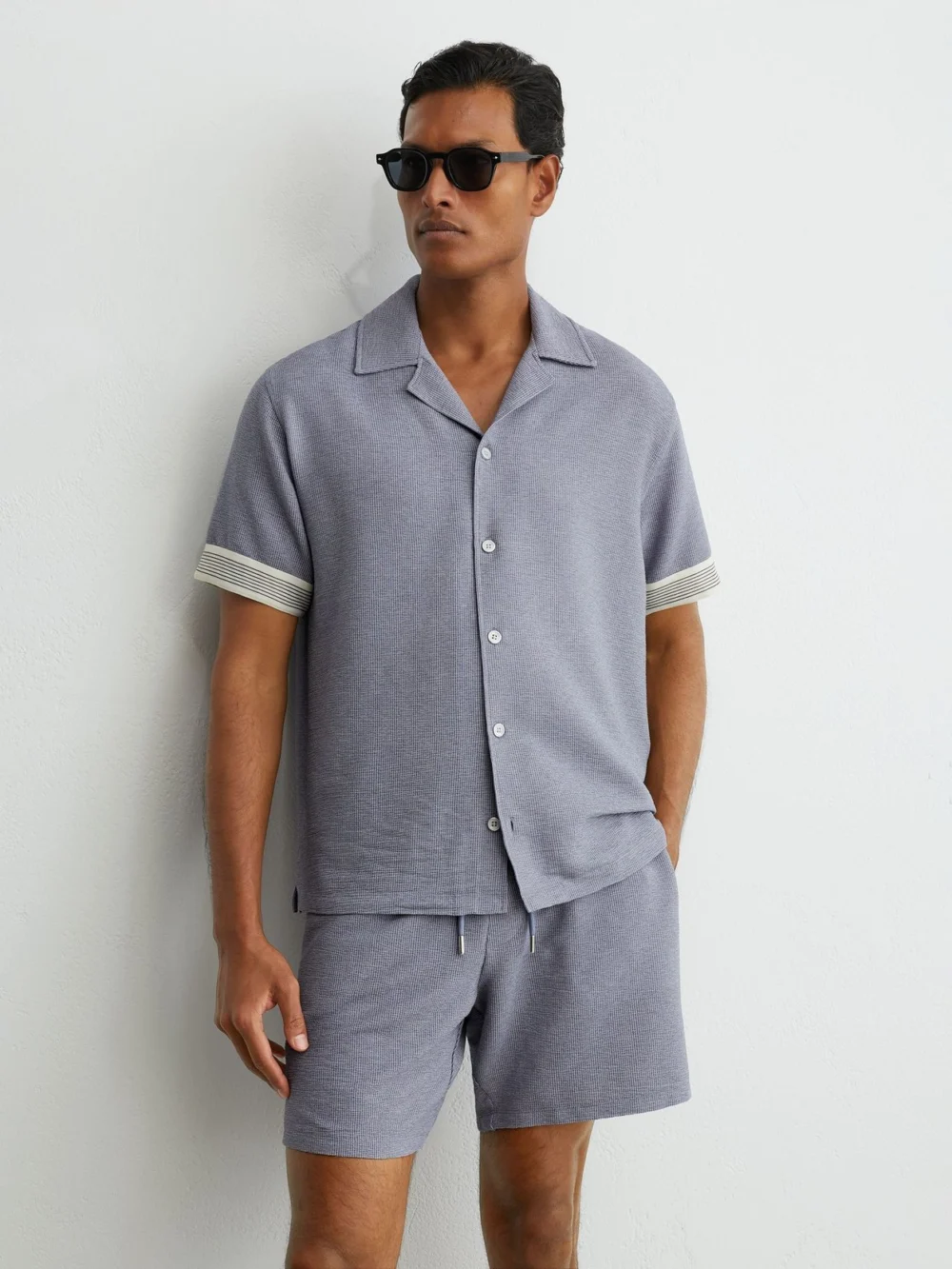 Reiss Airforce Blue Textured Stripe-tape Cuban-collar Shirt, view 4