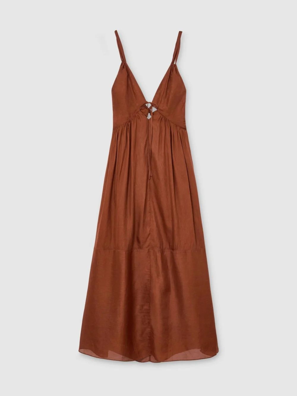 Reiss Alexia Toffee Brown Double-tie Plunge Maxi Dress with Linen, view 2