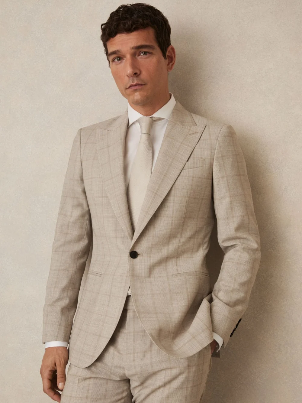 Reiss Alfie Oatmeal Brown Wool Single-breasted Check Suit Blazer Classic-fit, 42R, view 3