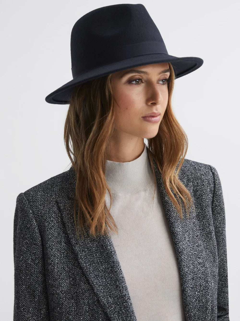 Reiss Ally Women's Navy Wool Fedora Hat, view 2
