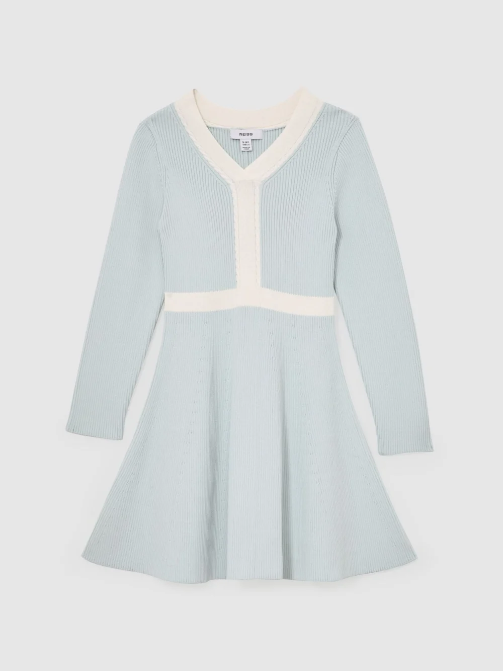 Reiss Alma Pale Blue 13-14 yrs Craft-stitch Rib-knit Dress, Years, Light Blue & Cream, in light blue/cream