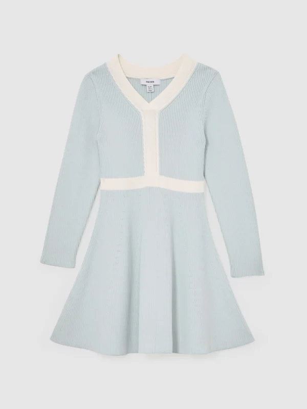 Reiss Alma Pale Blue 13-14 yrs Craft-stitch Rib-knit Dress, Years, Light Blue & Cream,