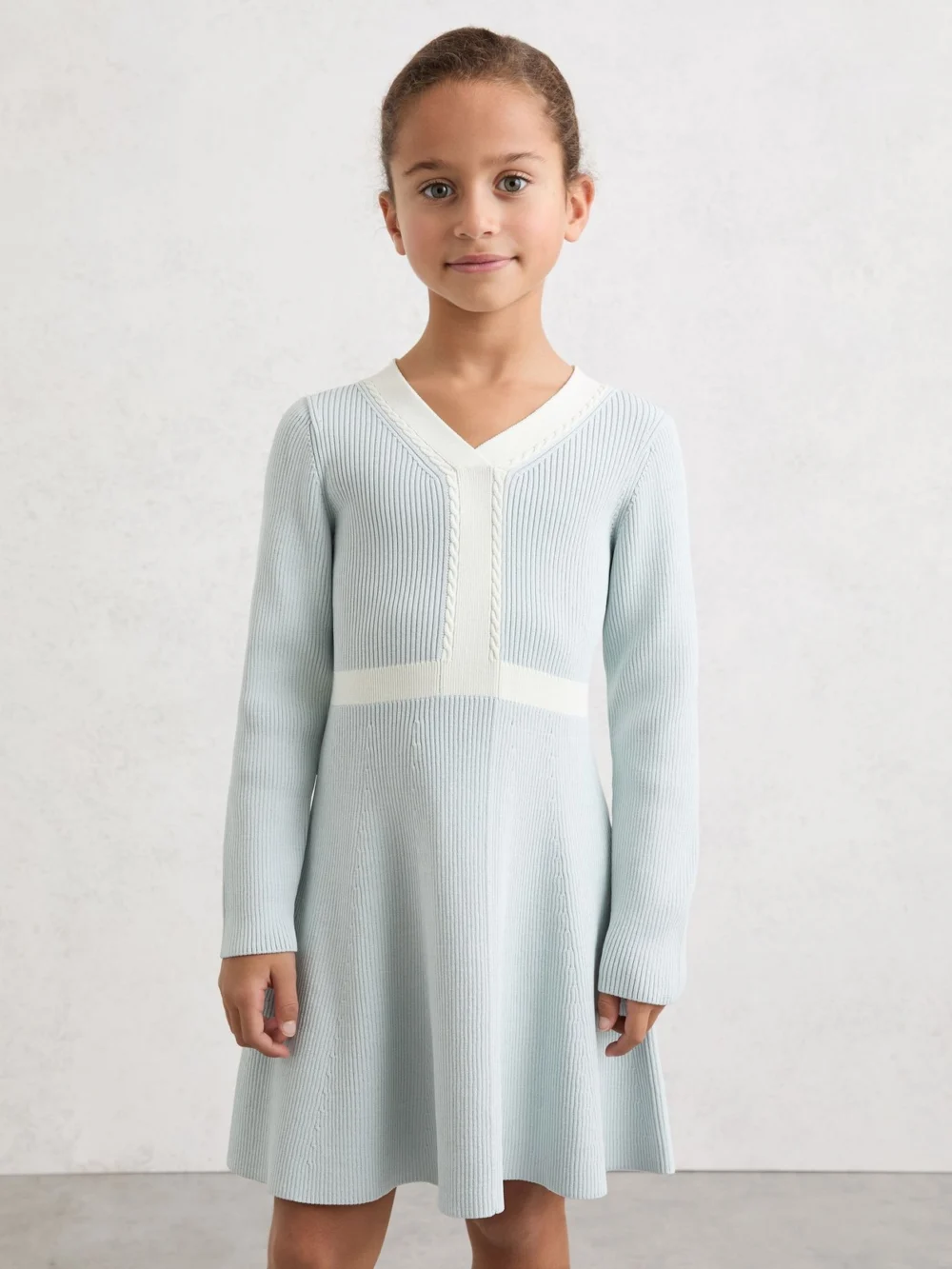 Reiss Alma Pale Blue 13-14 yrs Craft-stitch Rib-knit Dress, Years, Light Blue & Cream,, view 2