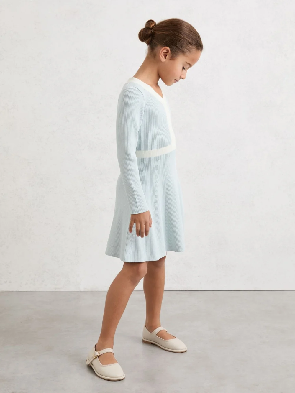 Reiss Alma Pale Blue 13-14 yrs Craft-stitch Rib-knit Dress, Years, Light Blue & Cream,, view 3