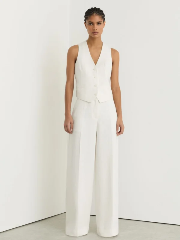 Reiss Alyx Women's White Linen-blend Wide-leg Trousers