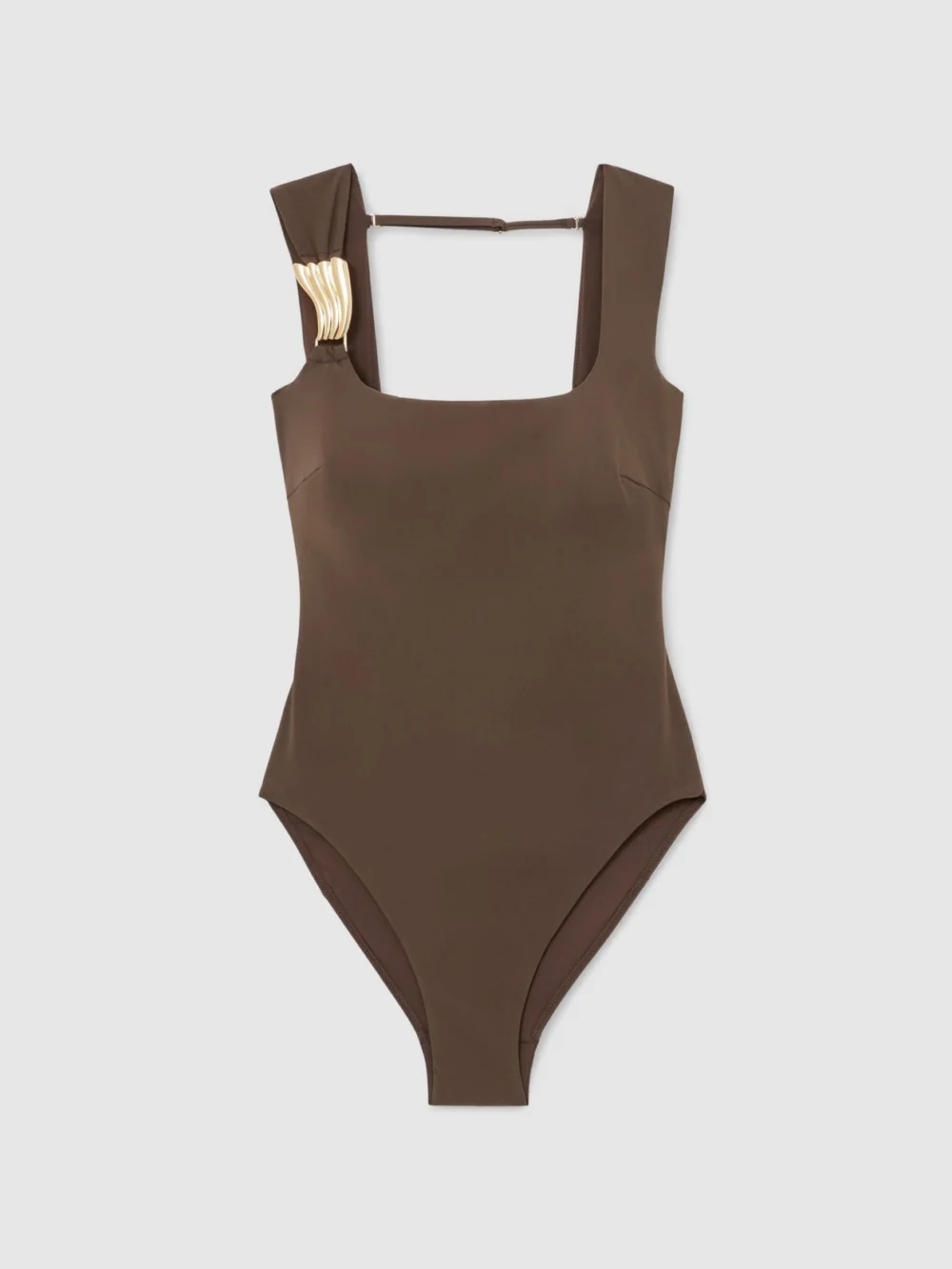 Reiss Amelie Mocha Brown Hardware-detail Square-neck Swimsuit, view 2