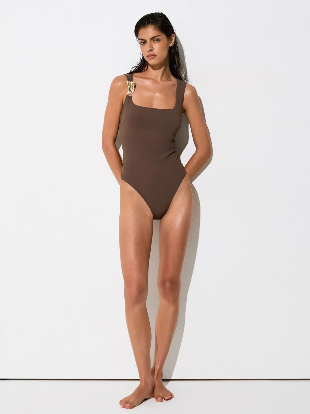 Reiss Amelie Mocha Brown Hardware-detail Square-neck Swimsuit, view 4