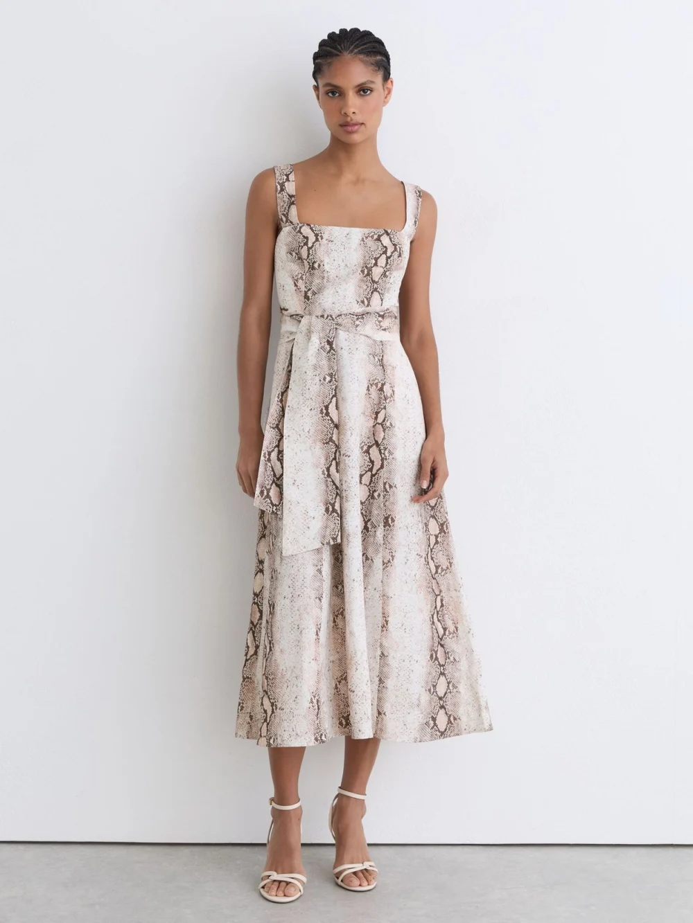 Reiss Amy Neutral Amy Linen-blend Snake-print Midi Dress, 12 in beige/brown