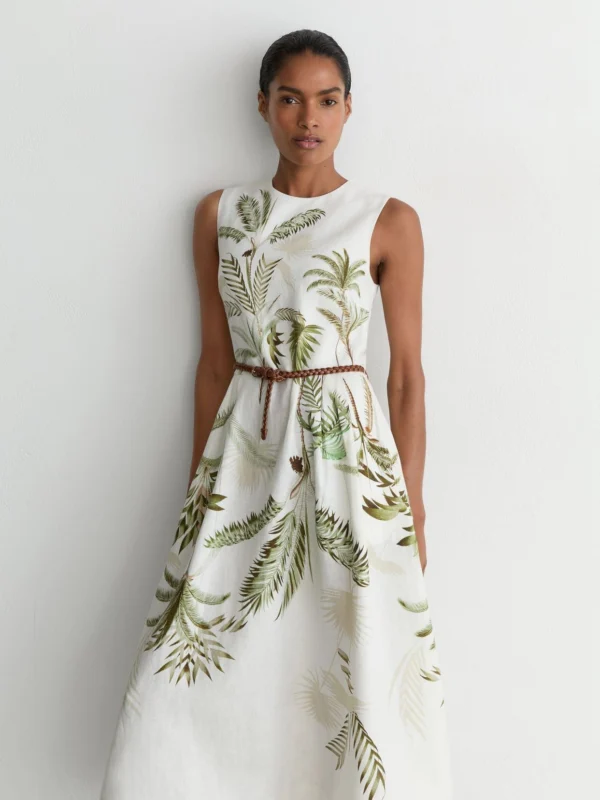 Reiss & Khaki Linen Palm-print Midi Dress