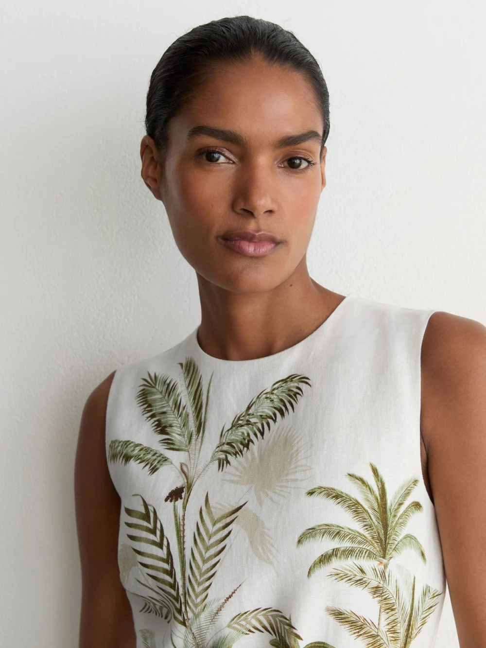 Reiss & Khaki Linen Palm-print Midi Dress, view 3