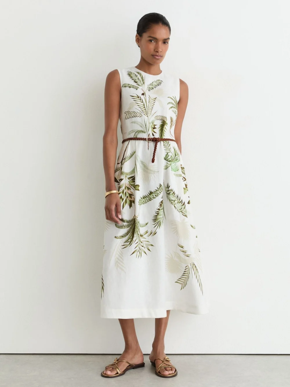 Reiss & Khaki Linen Palm-print Midi Dress, view 4