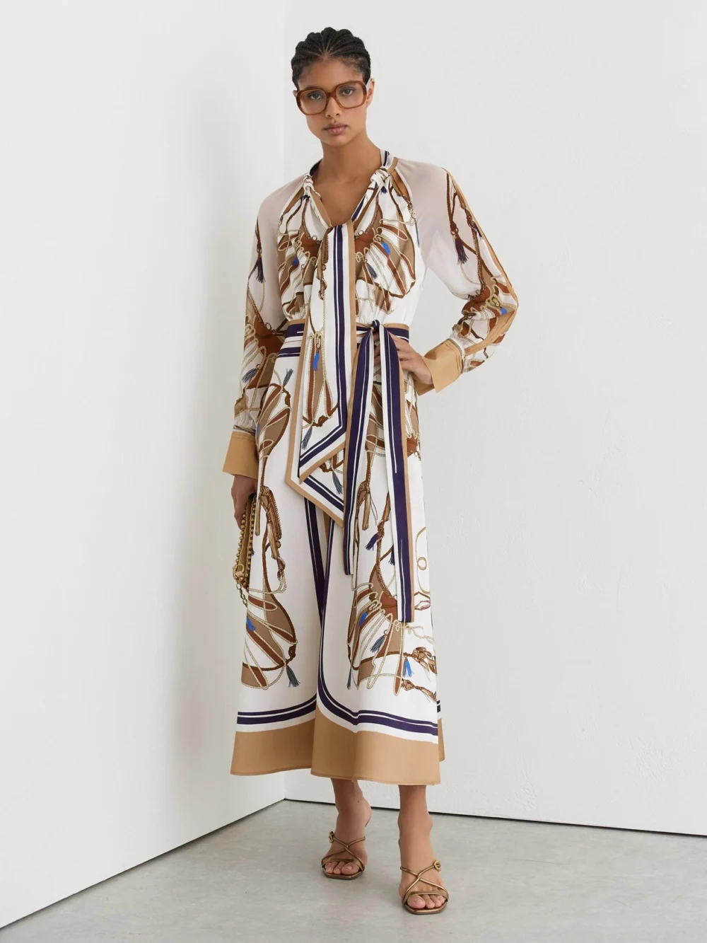 Reiss & Neutral Foulard-print Tie-neck Midi Dress in ivory/neutral