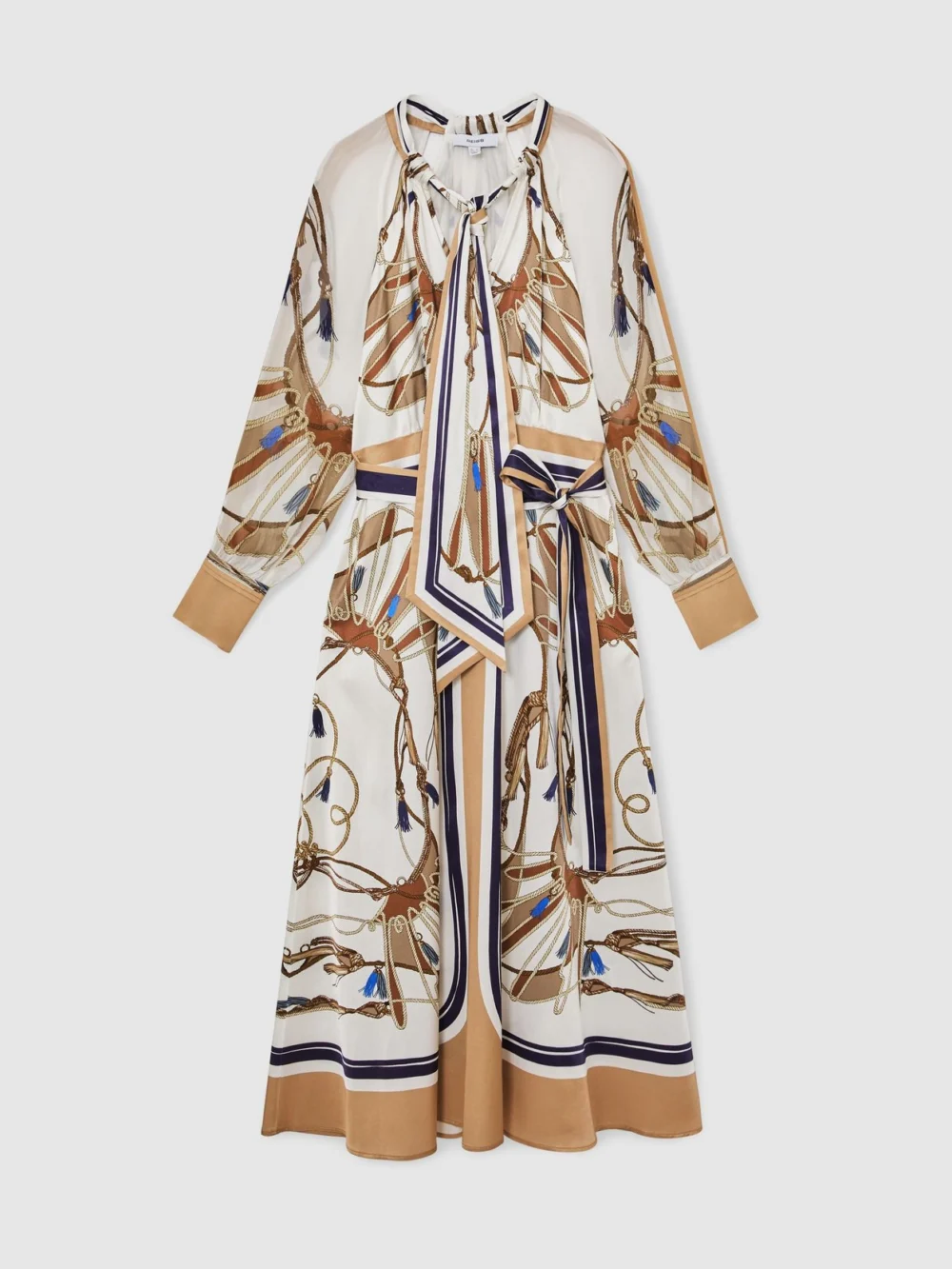 Reiss & Neutral Foulard-print Tie-neck Midi Dress, view 2