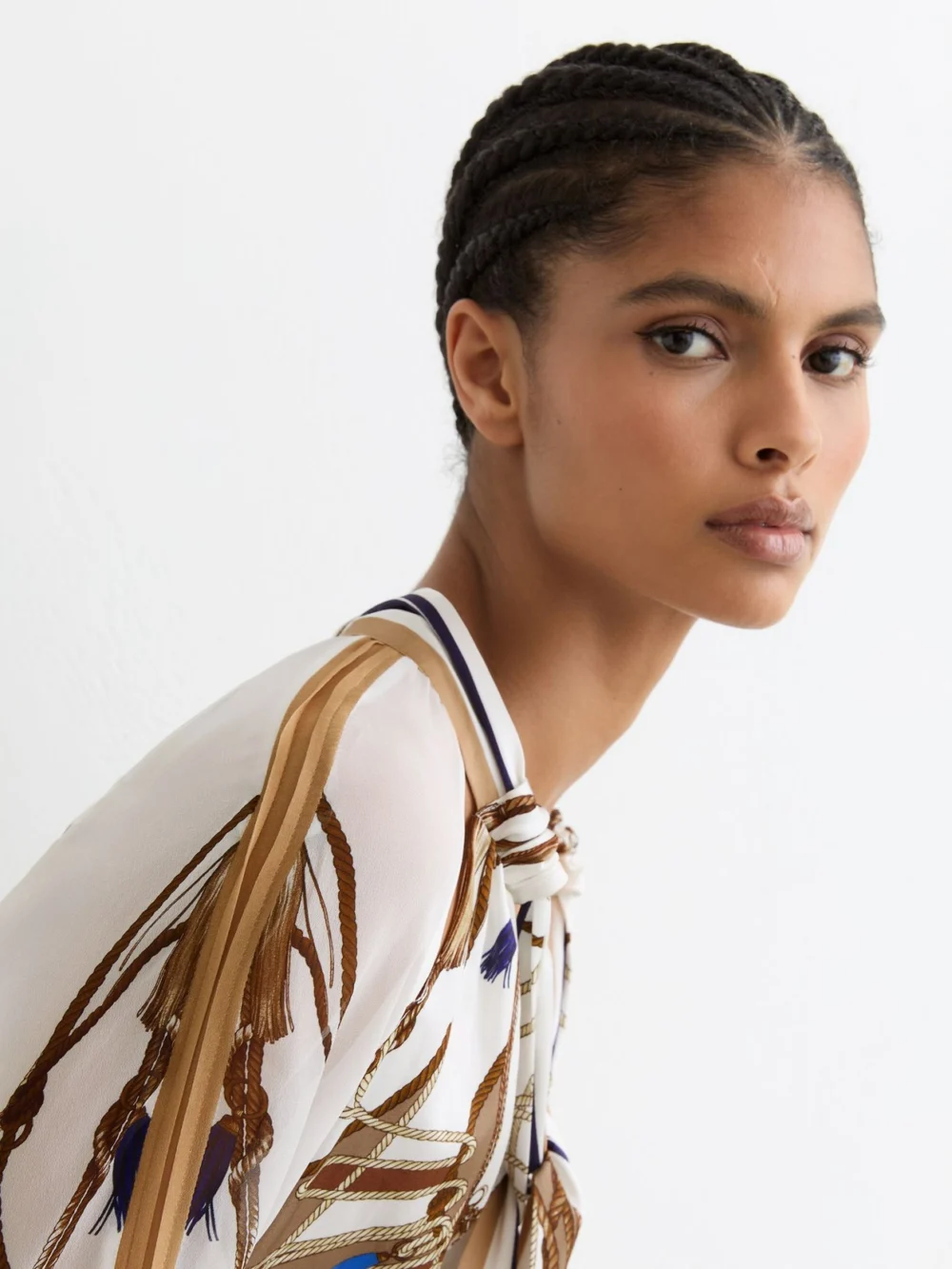 Reiss & Neutral Foulard-print Tie-neck Midi Dress, view 3