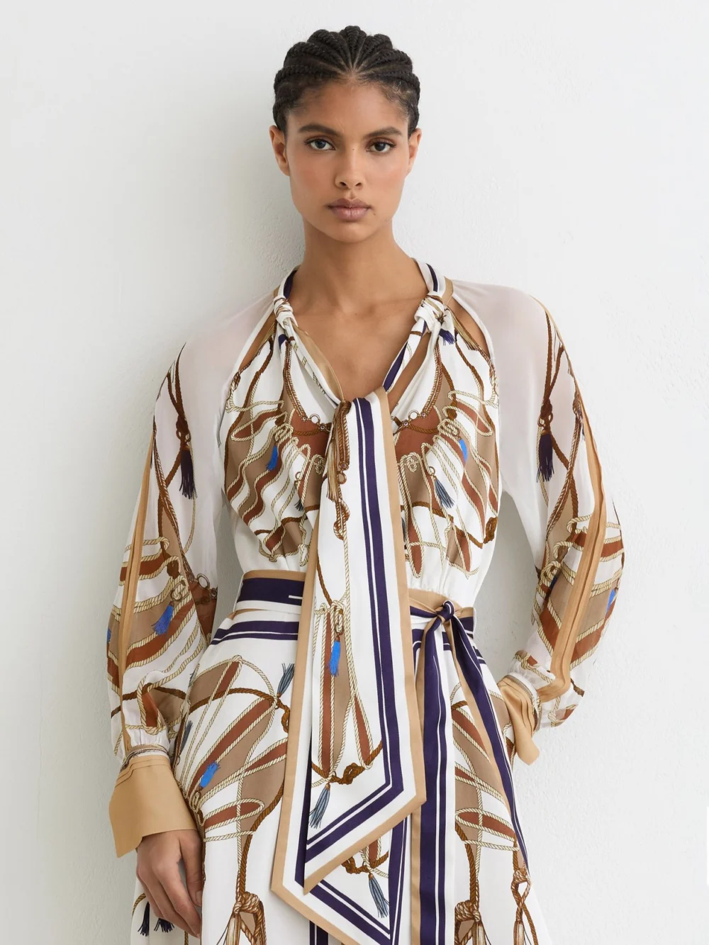 Reiss & Neutral Foulard-print Tie-neck Midi Dress, view 4