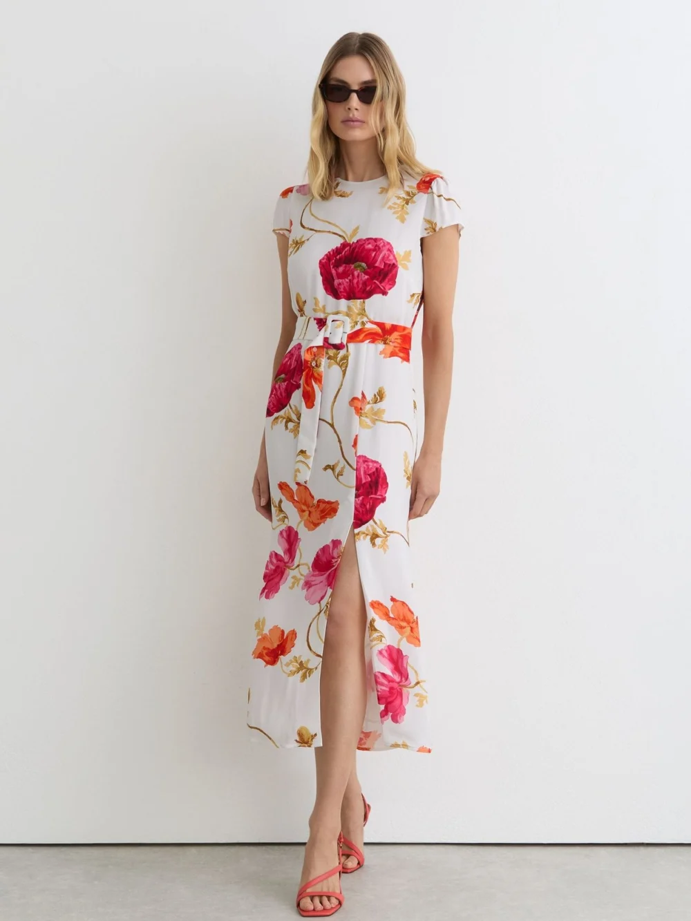 Reiss & Pink Floral-print Belted Midi Dress in ivory/pink