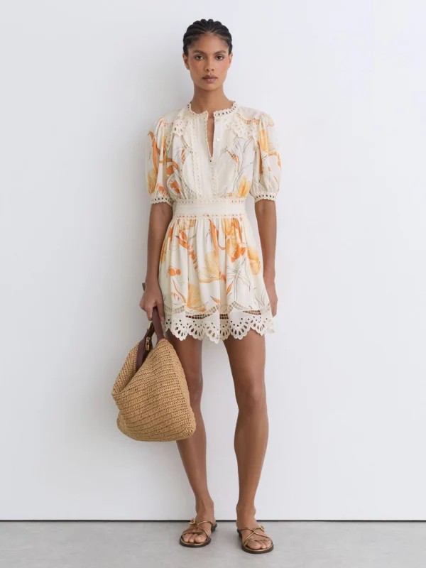 Reiss & Pink Floral-print Lace-trim Mini Dress