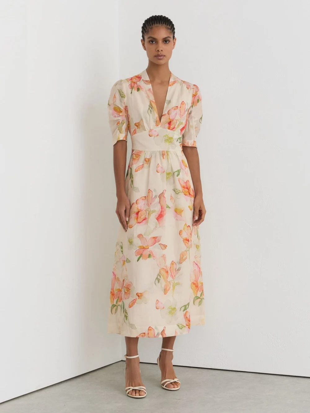 Reiss & Pink Floral-print Waisted Midi Dress in ivory/pink