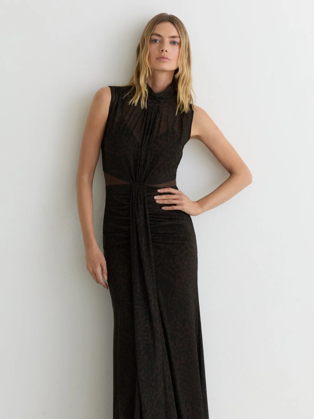Reiss Animal-print Daniella Sheer Ruched Maxi Dress, view 3
