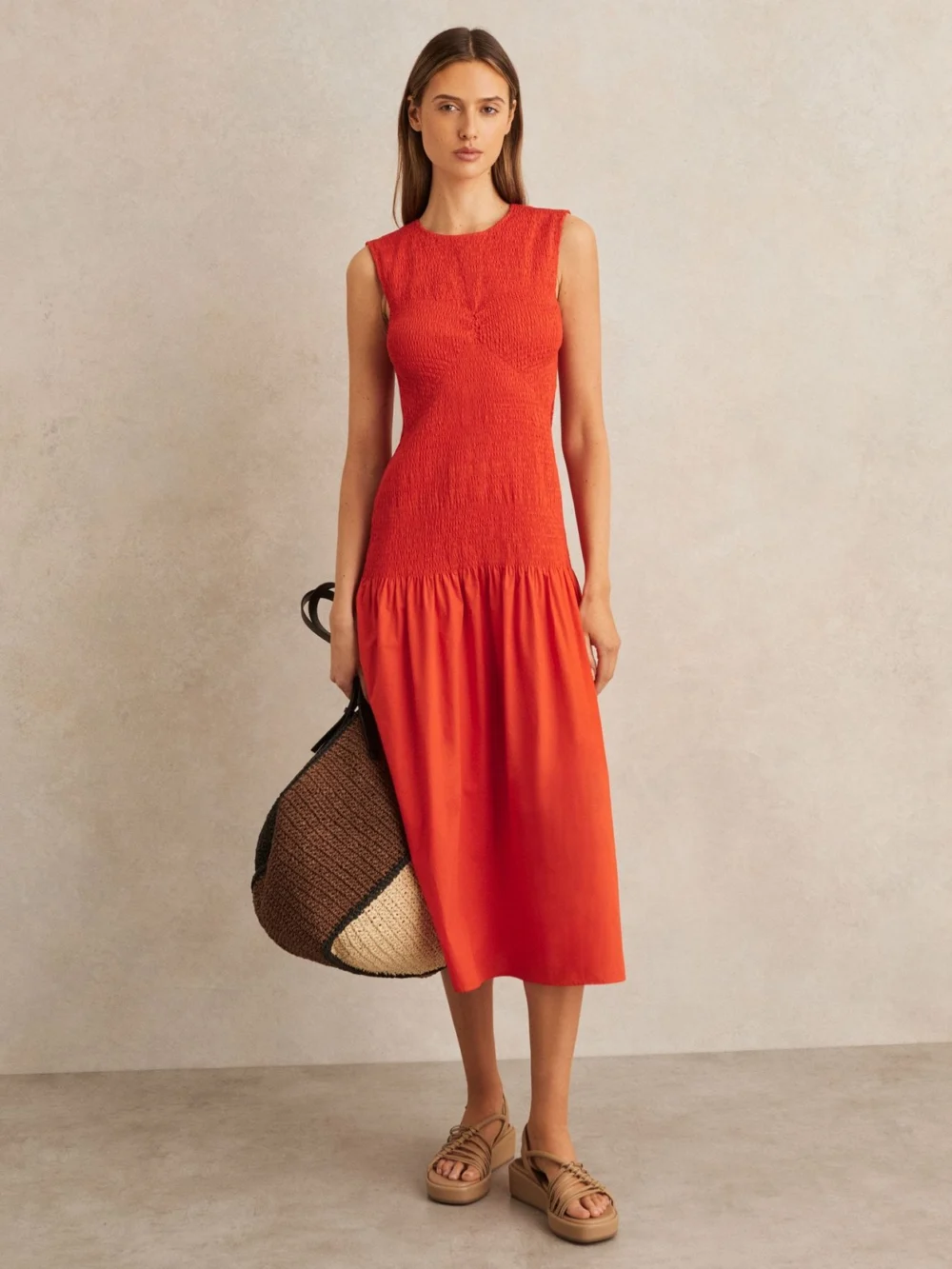 Reiss Annabel Women's Red Cotton Shirred Midi Dress