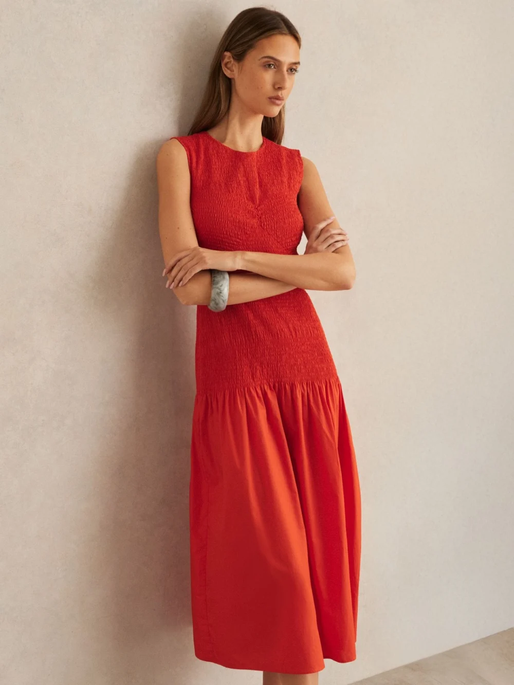 Reiss Annabel Women's Red Cotton Shirred Midi Dress, view 5