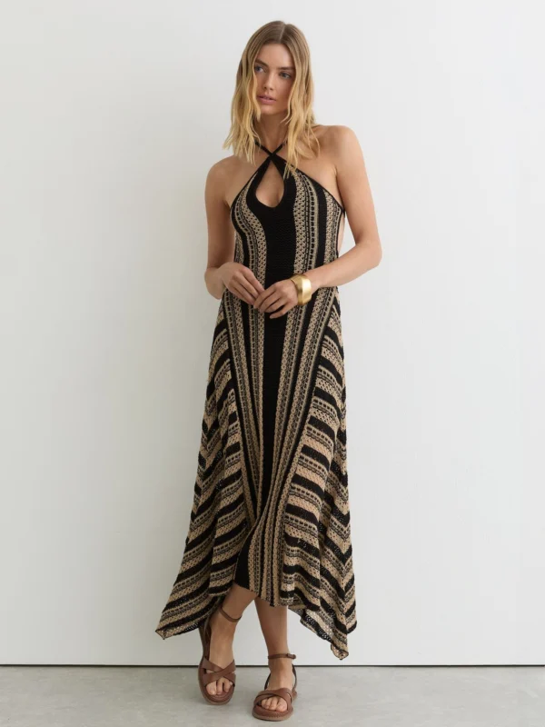 Reiss Annie Black & Neutral Stripe Crochet-knit Tie-back Maxi Dress, L