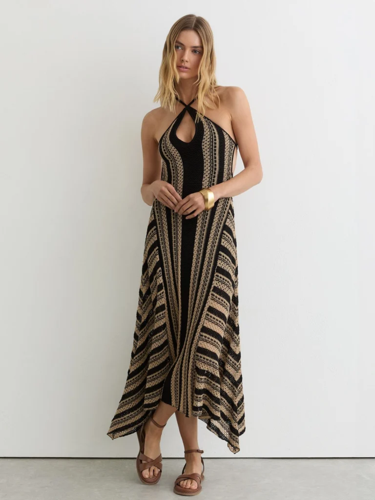Reiss Annie Black & Neutral Stripe Crochet-knit Tie-back Maxi Dress, L