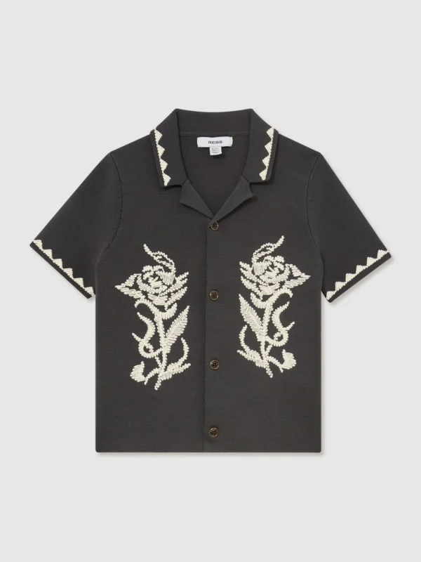 Reiss Anthracite Grey 3-9 yrs Floral-embroidered Knitted Shirt
