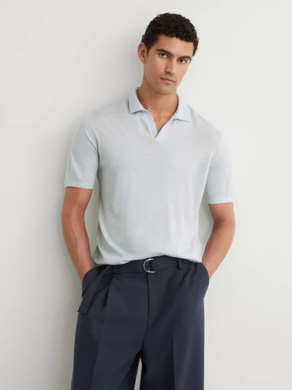 Reiss Aquatic Blue Merino Wool Open-collar Polo Shirt