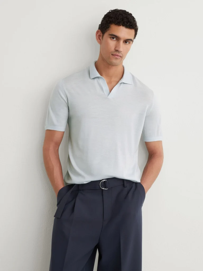 Reiss Aquatic Blue Merino Wool Open-collar Polo Shirt