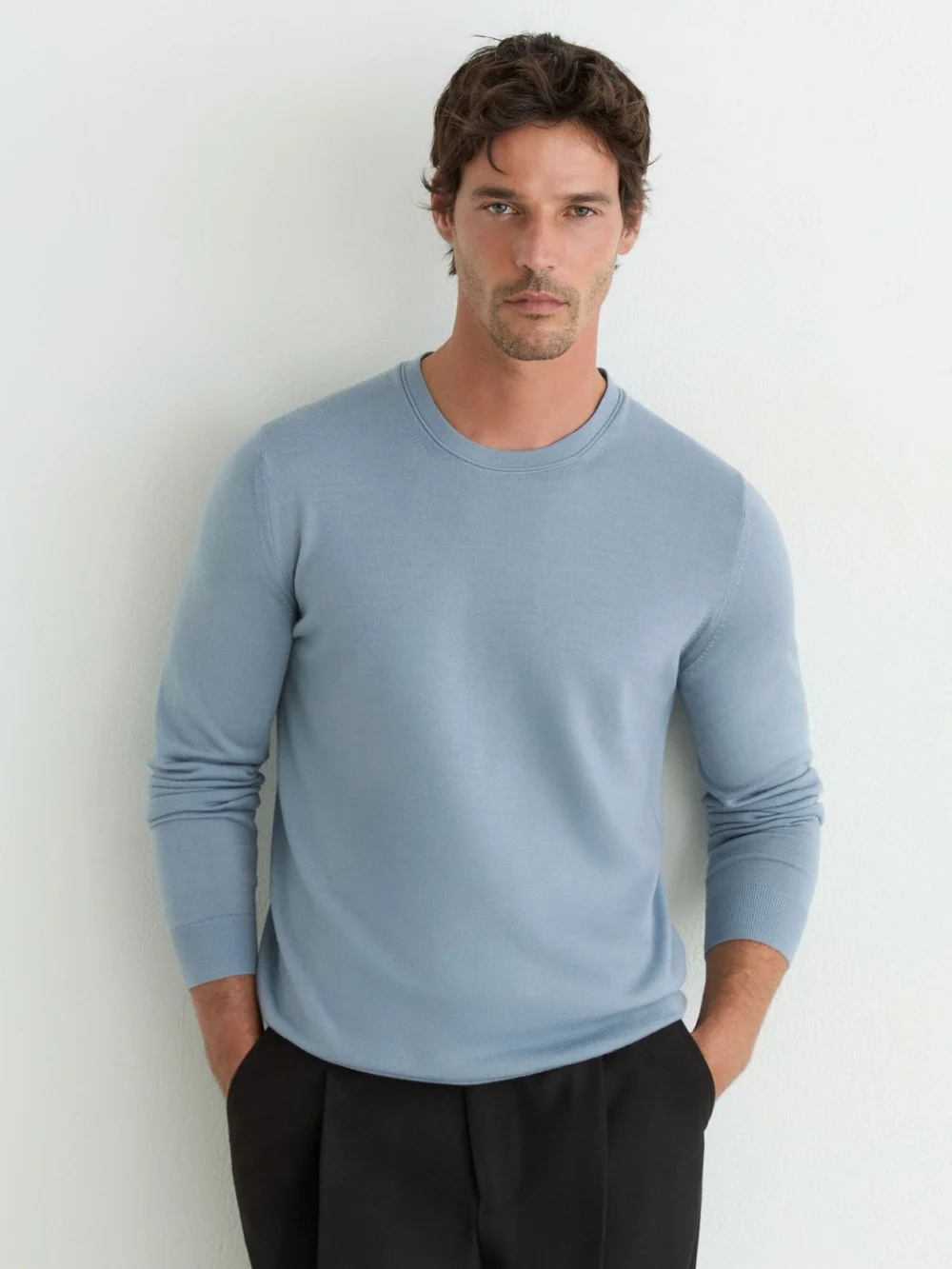 Reiss Armour Blue Merino Wool Crew-neck Jumper, view 3