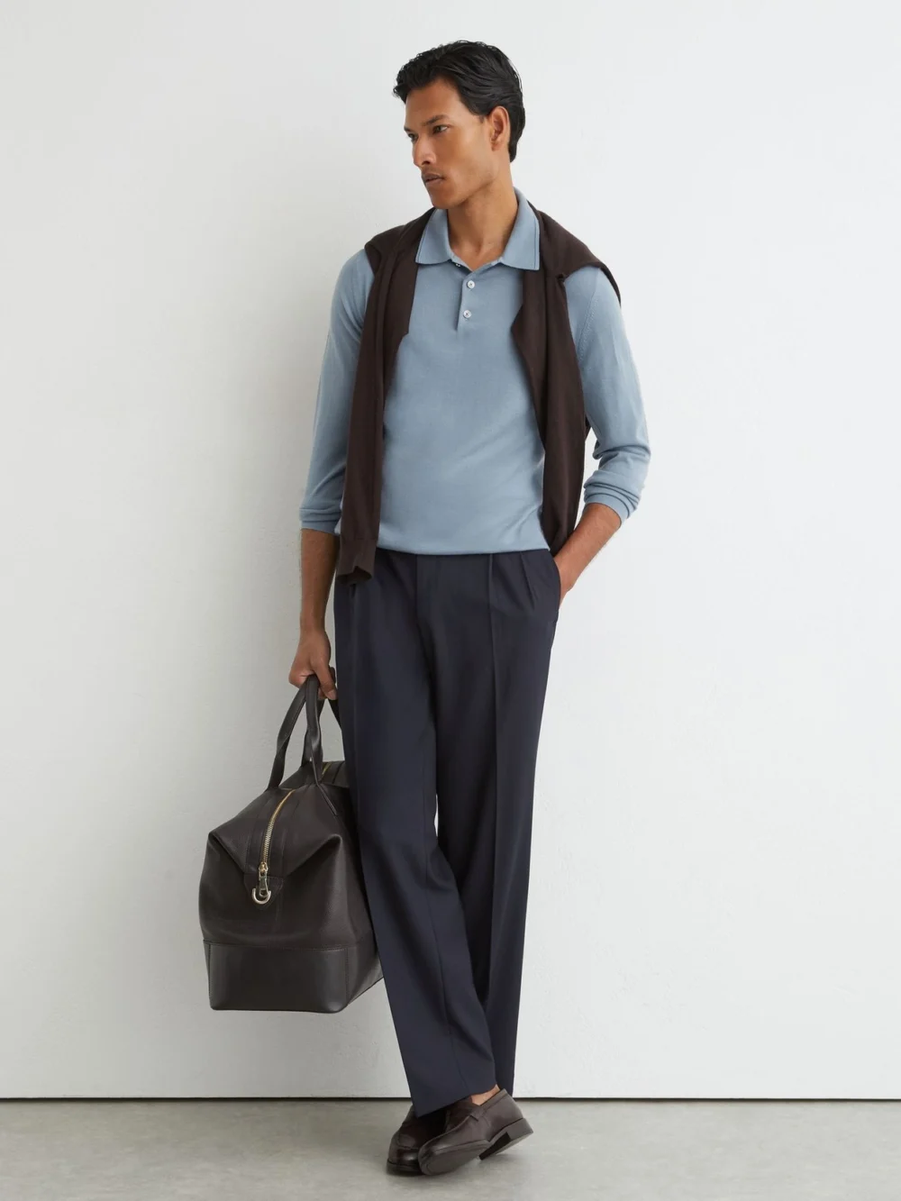 Reiss Armour Blue Merino Wool Long-sleeve Polo Shirt