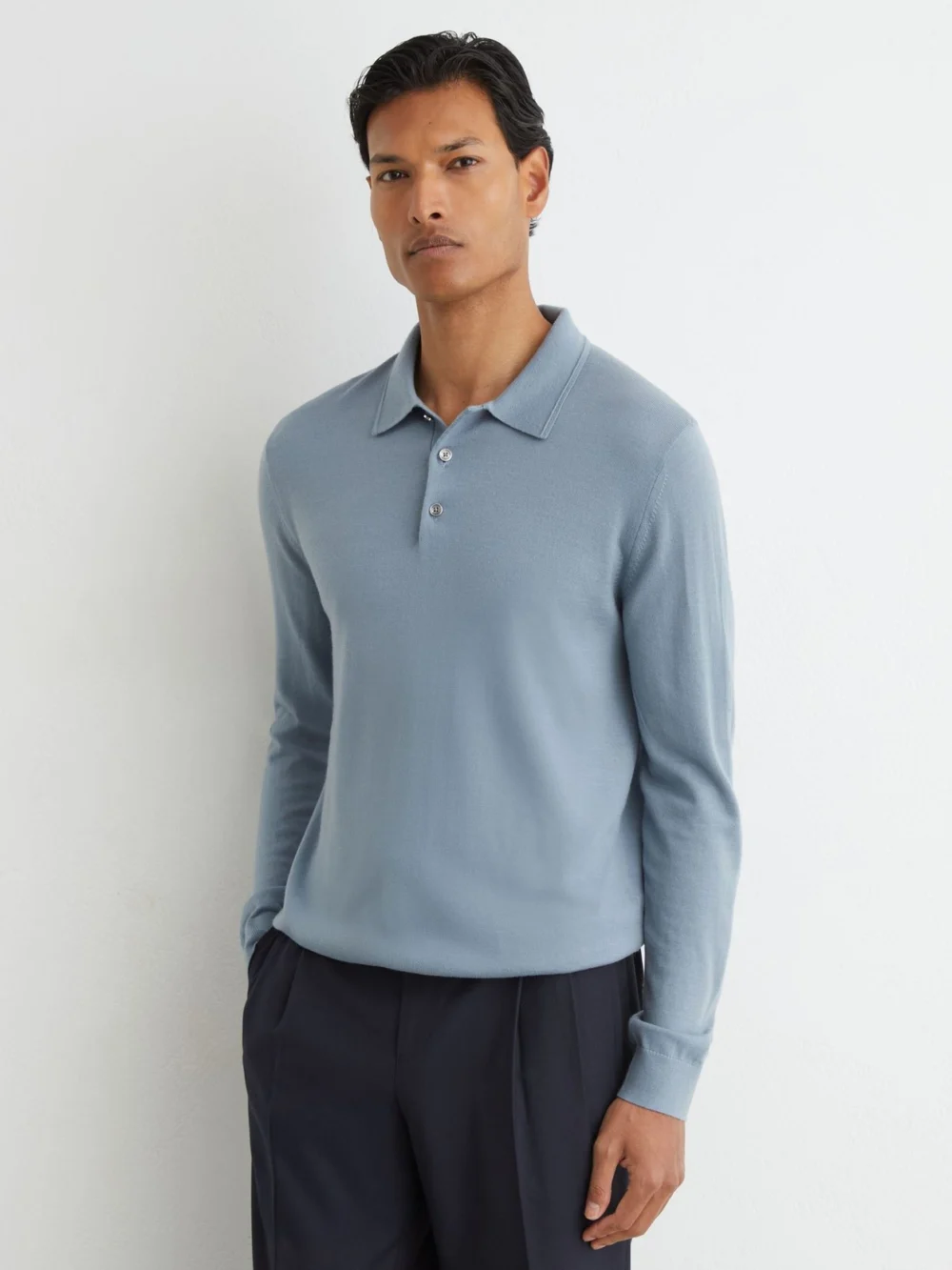 Reiss Armour Blue Merino Wool Long-sleeve Polo Shirt, view 4