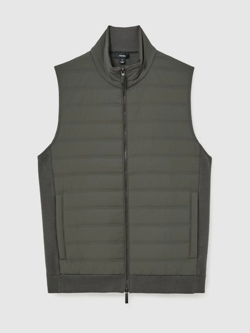 Reiss Army Green Quilted Funnel-neck Knitted Gilet, view 2