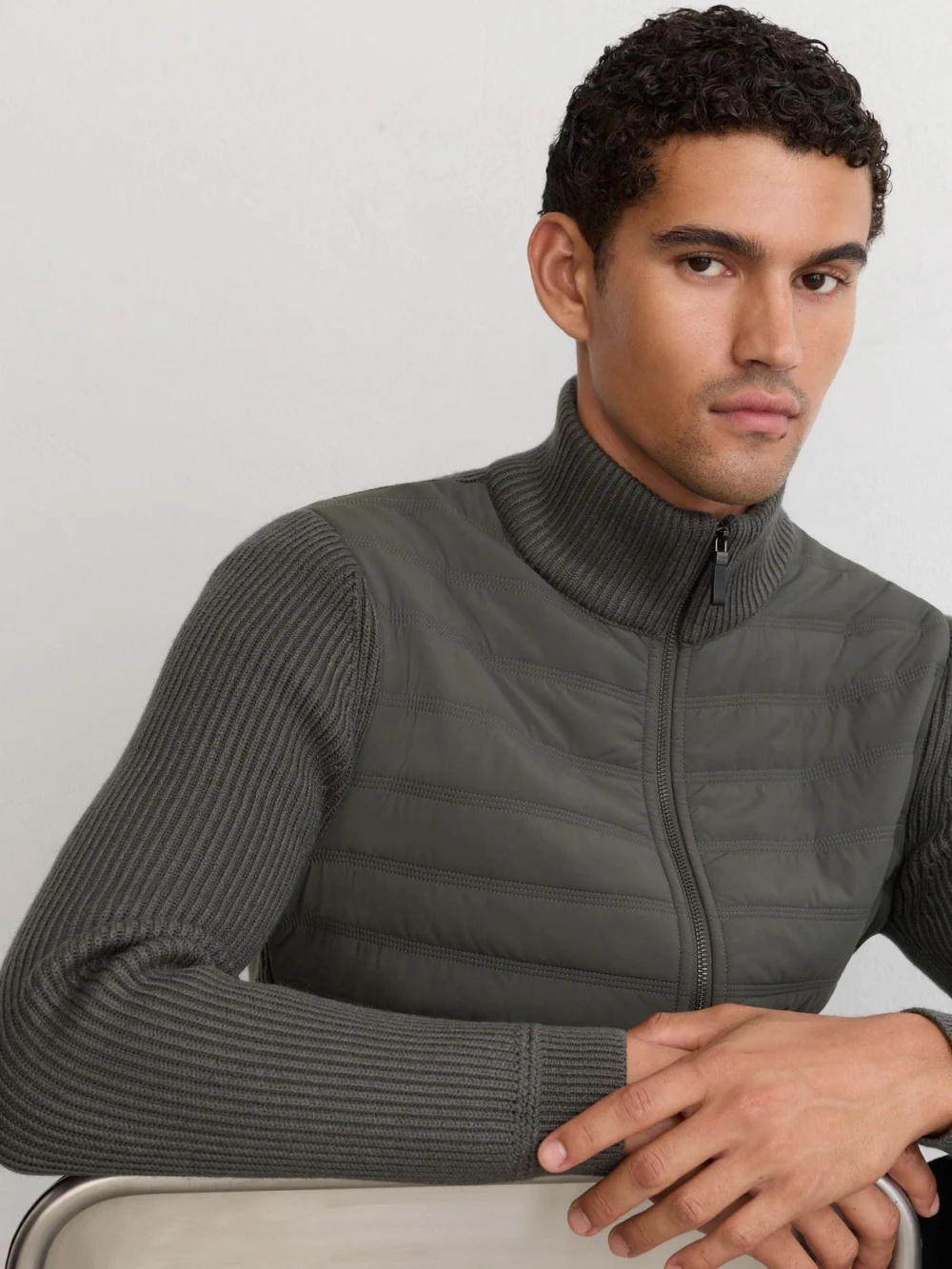 Reiss Army Green Quilted Rib-knit Funnel-neck Jacket