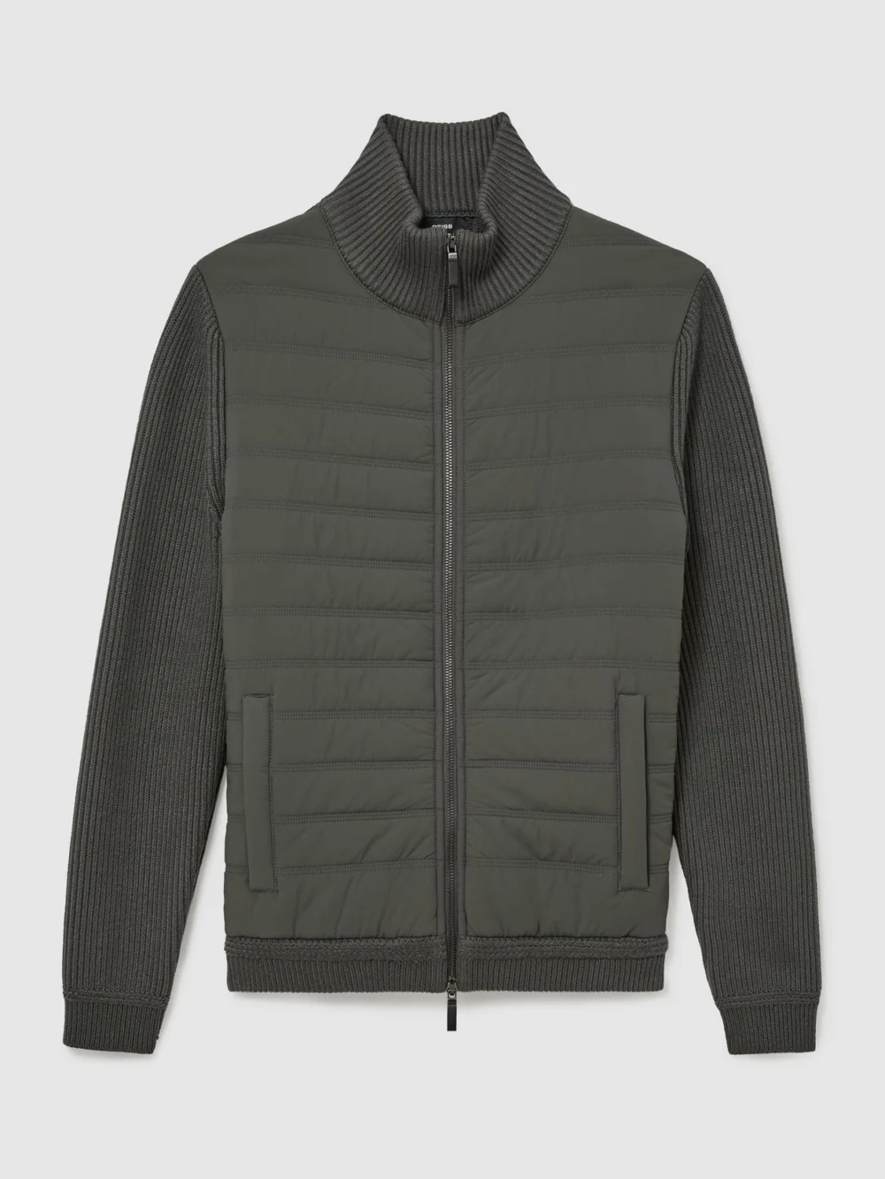 Reiss Army Green Quilted Rib-knit Funnel-neck Jacket, view 2