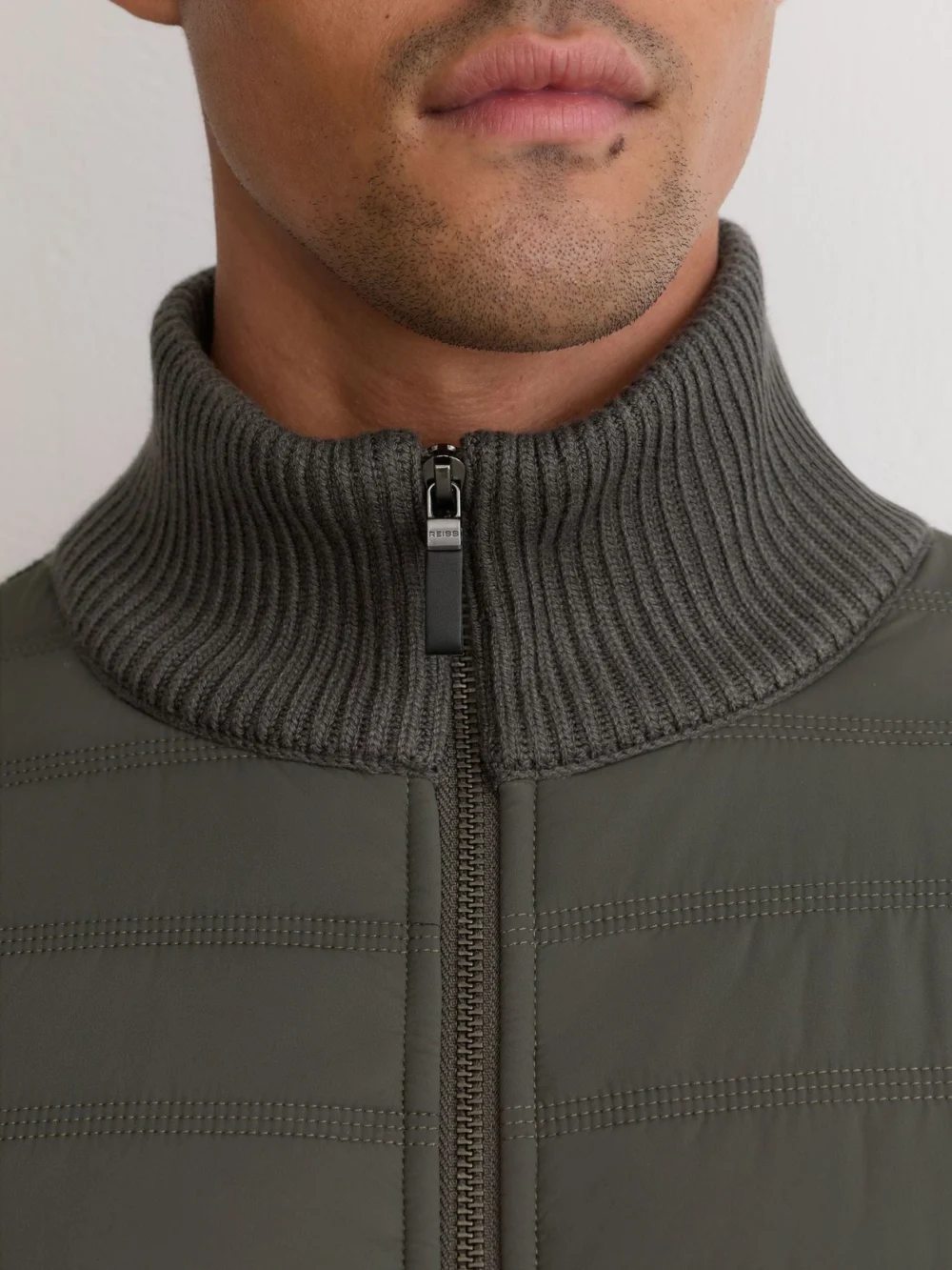 Reiss Army Green Quilted Rib-knit Funnel-neck Jacket, view 3