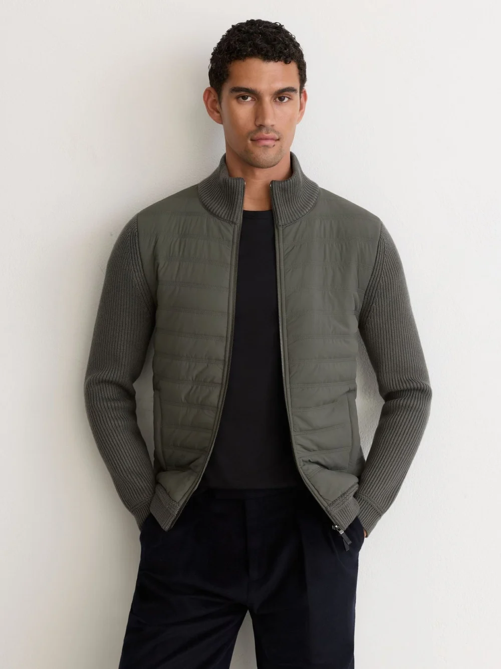 Reiss Army Green Quilted Rib-knit Funnel-neck Jacket, view 4