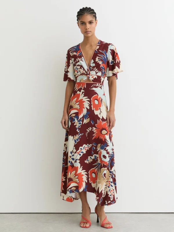 Reiss Asha Burgundy Floral-print Cut-out Midi Dress, 12