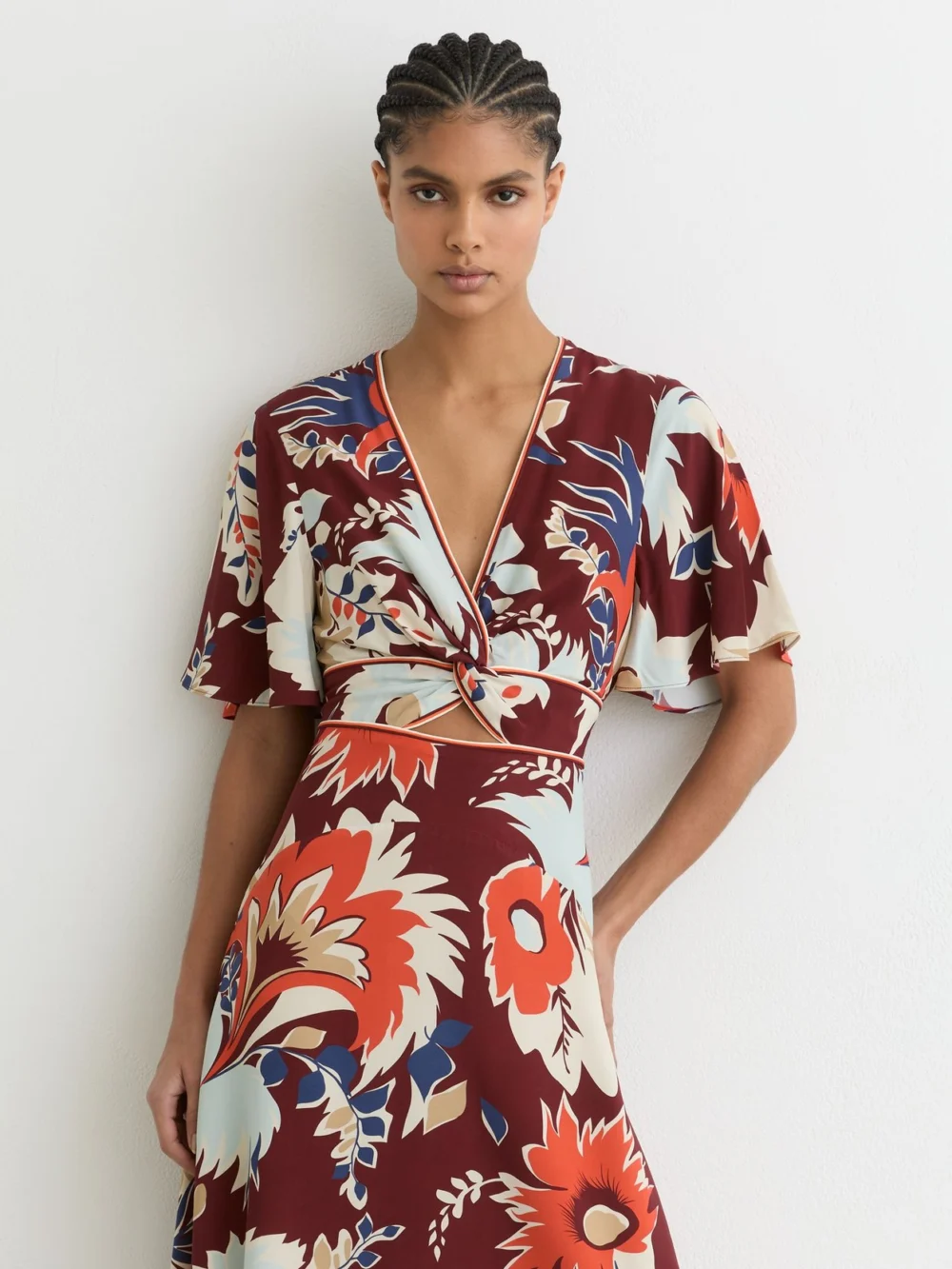 Reiss Asha Burgundy Floral-print Cut-out Midi Dress, 12, view 3