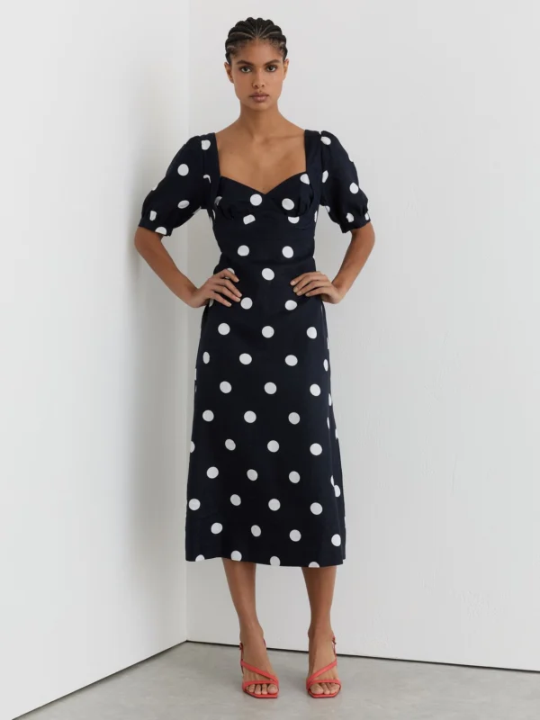 Reiss Astrid Petite Linen Puff-sleeve Polka-dot Midi Dress, 4