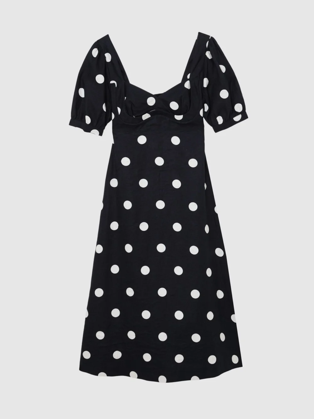 Reiss Astrid Petite Linen Puff-sleeve Polka-dot Midi Dress, 4, view 2