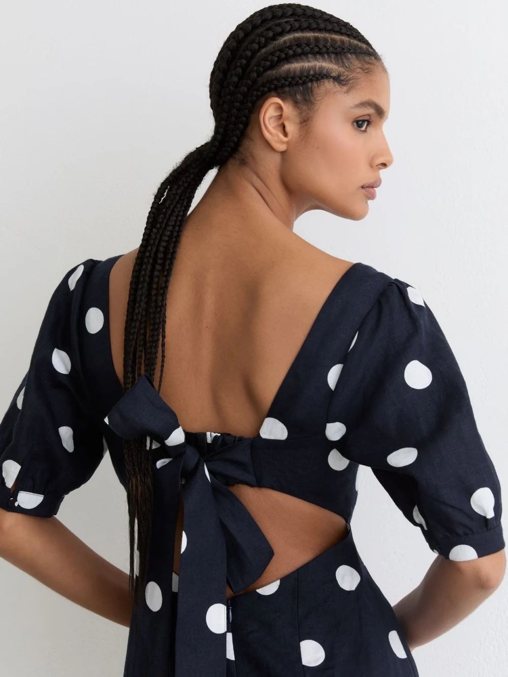 Reiss Astrid Petite Linen Puff-sleeve Polka-dot Midi Dress, 4, view 3