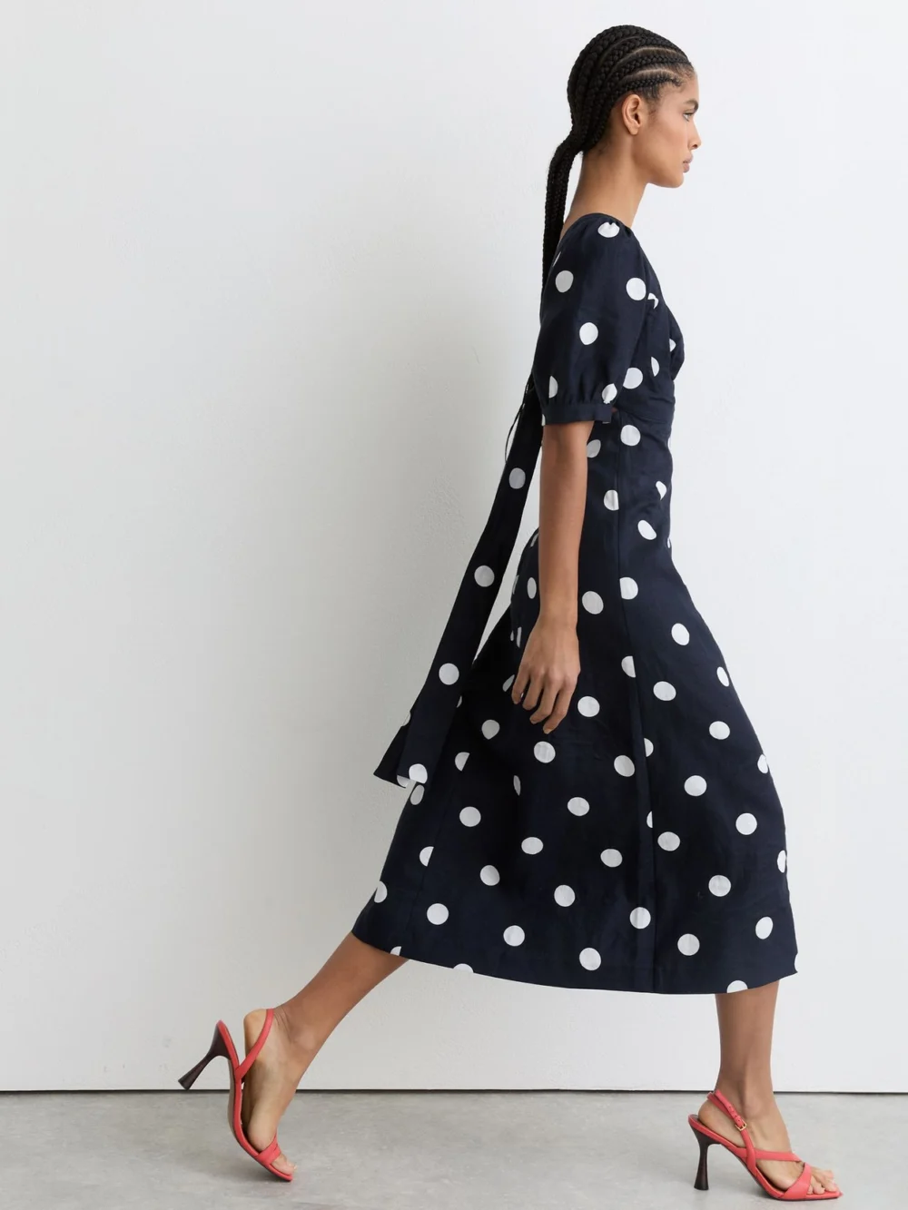 Reiss Astrid Petite Linen Puff-sleeve Polka-dot Midi Dress, 4, view 4