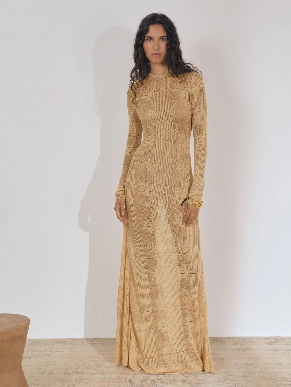 Reiss Atelier Gold Lace-knit Ruched Maxi Dress, view 3
