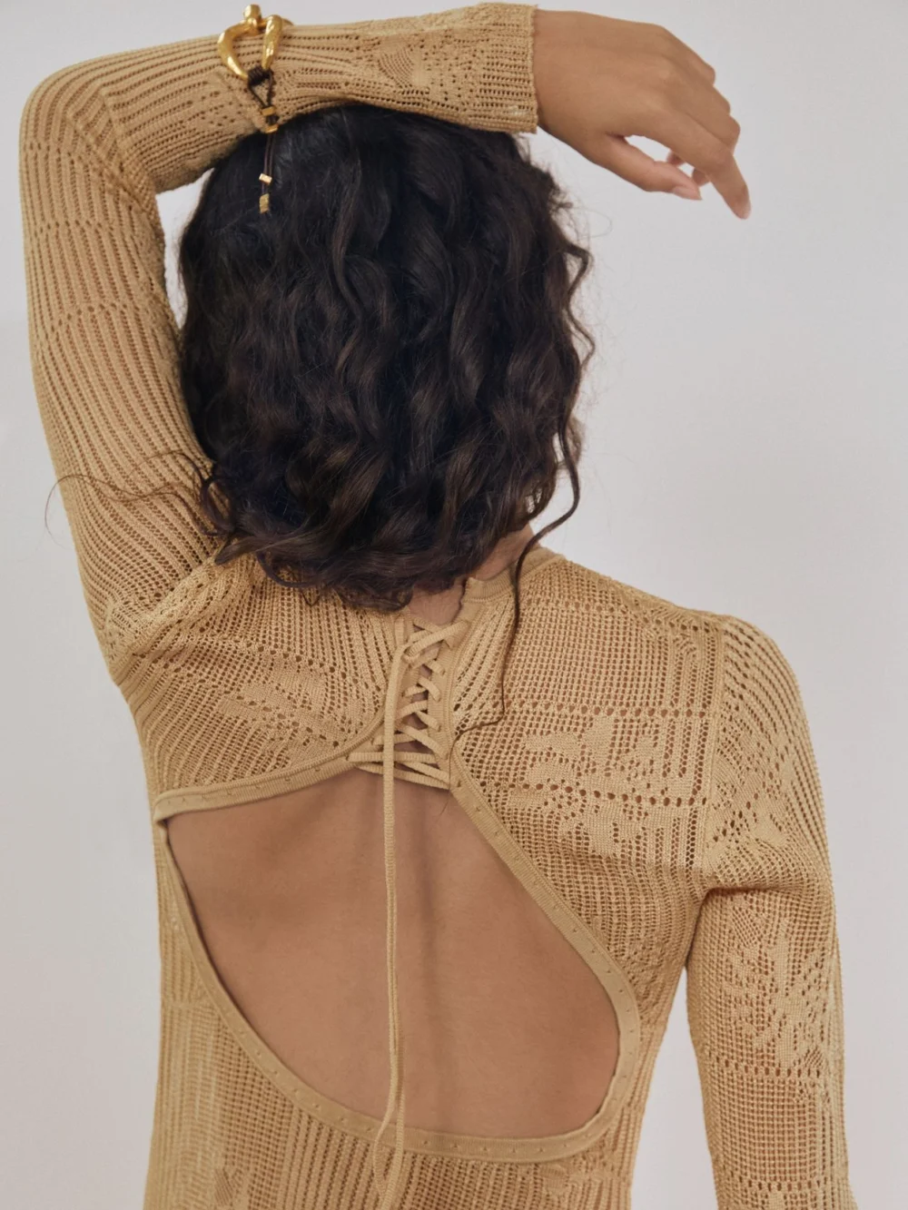 Reiss Atelier Gold Lace-knit Ruched Maxi Dress, view 4