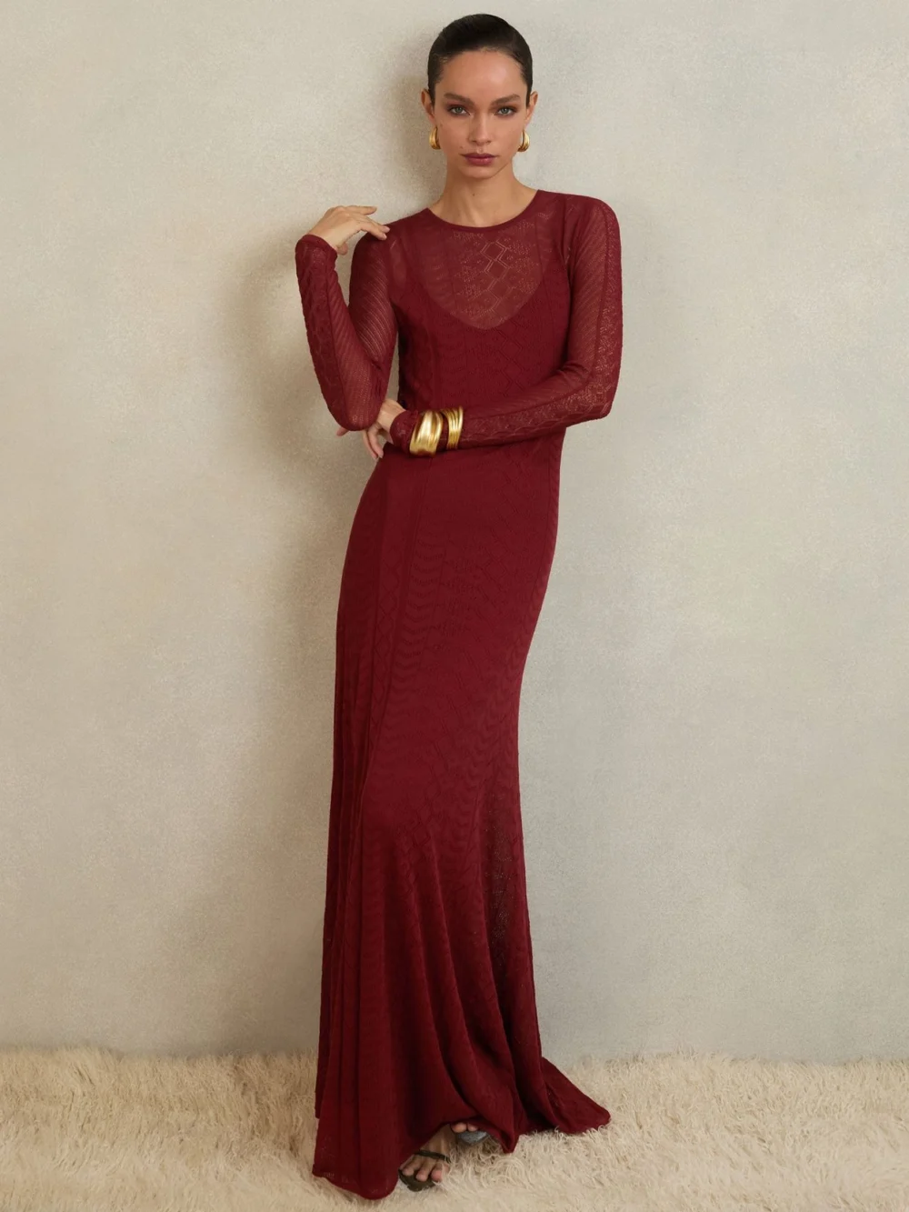 Reiss Atelier Women's Dark Red Pointelle-Knit Maxi Dress